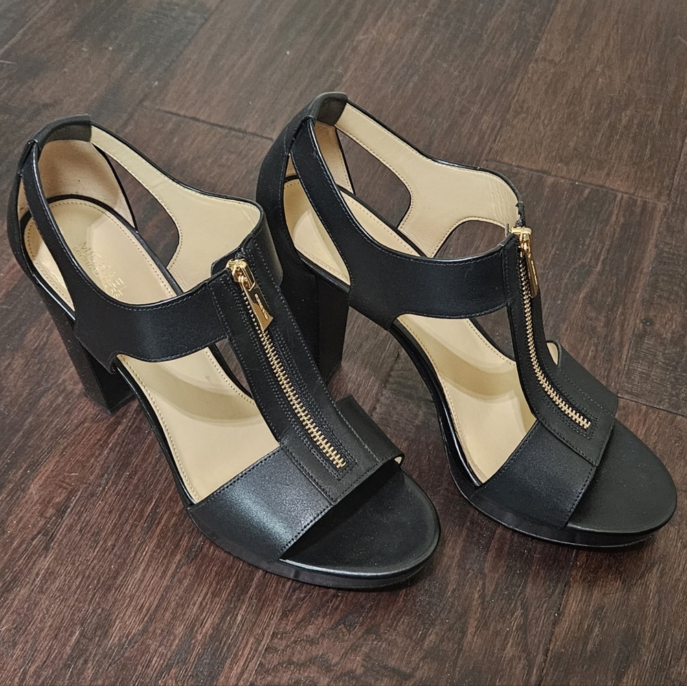 MICHAEL Michael Kors Black Open-Toe Zip-Front Block Heel Sandals